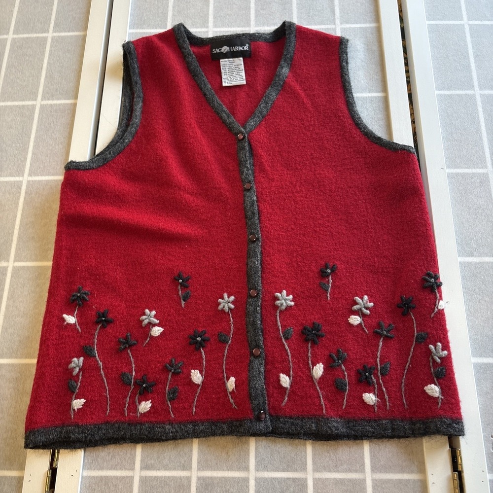 VTG 90s Red Gray Floral Wool Earthy Floral Forest Fairy Y2K Sweater Vest Sz S